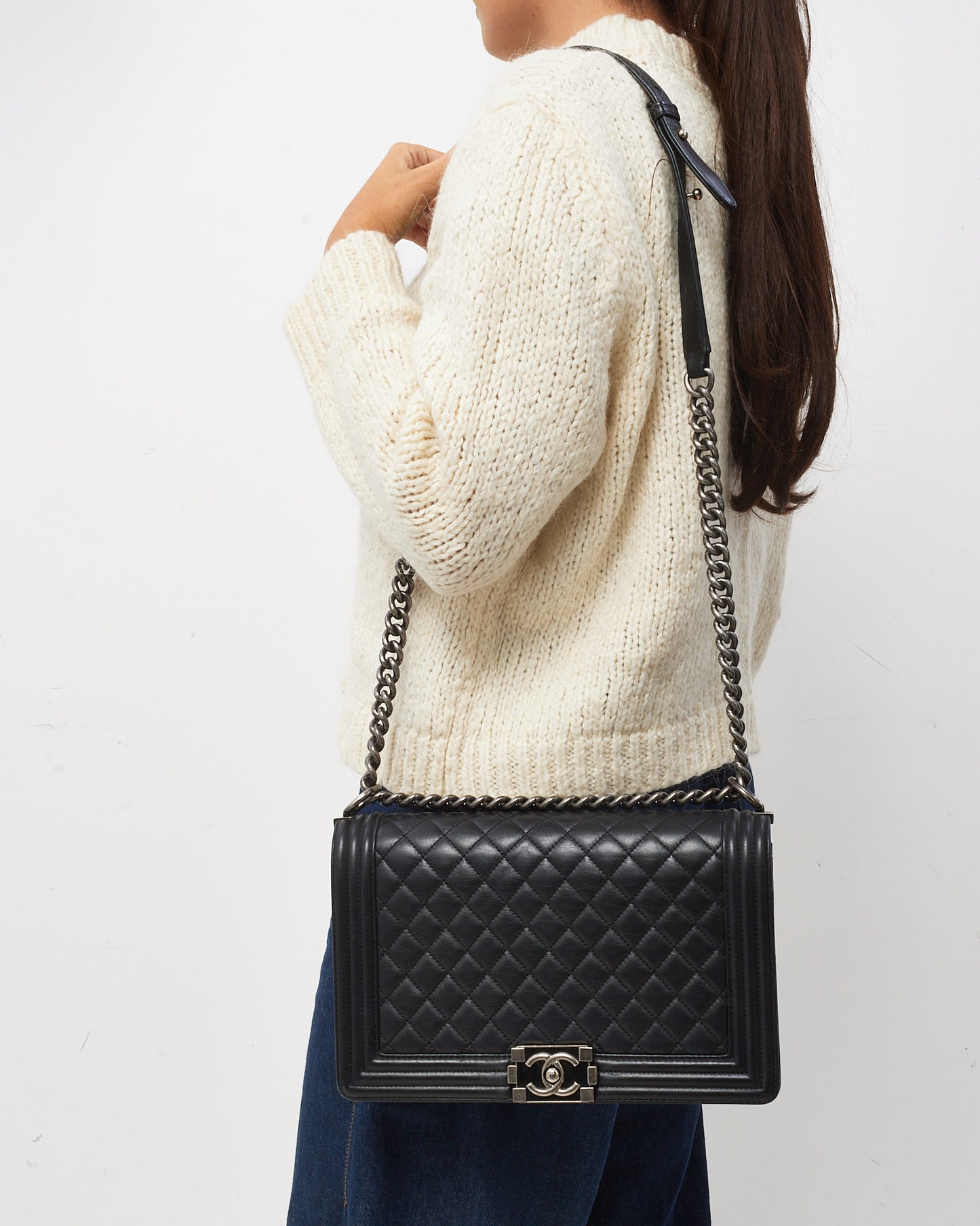 Chanel Black Quilted Calfskin Leather Large Boy Bag SHW