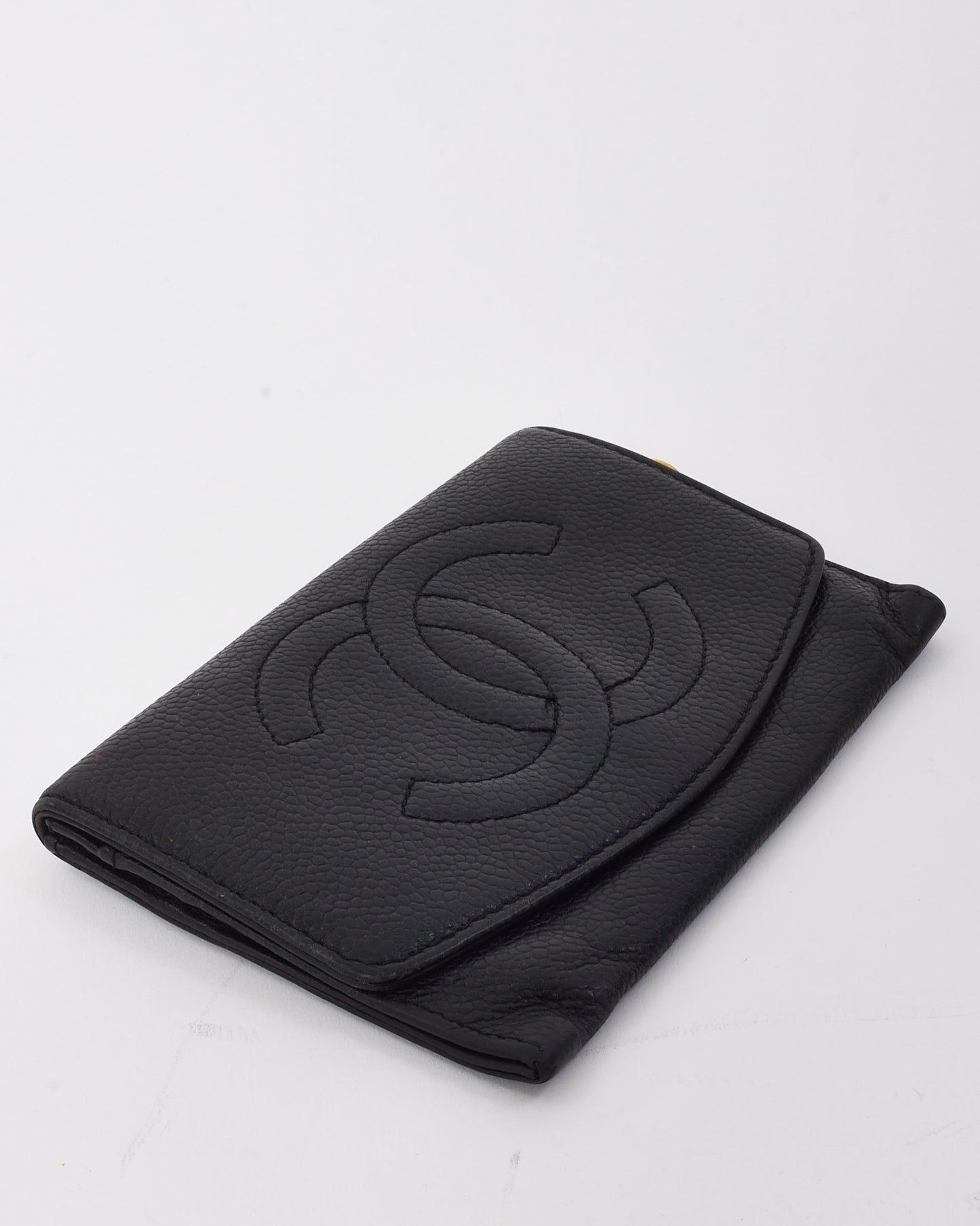 Chanel Vintage Black Caviar Leather CC Logo Flap Wallet