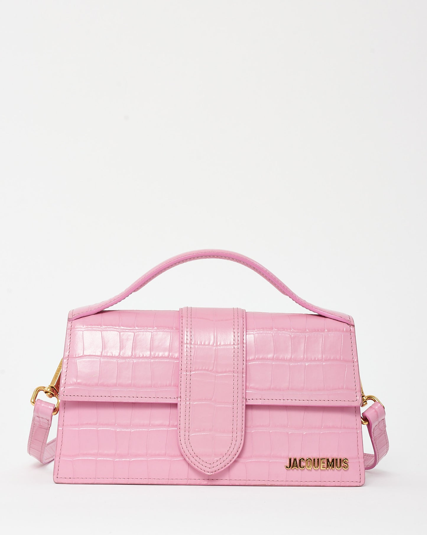 Jacquemus Pink Croc Embossed Leather Le Grand Bambino Bag with Strap
