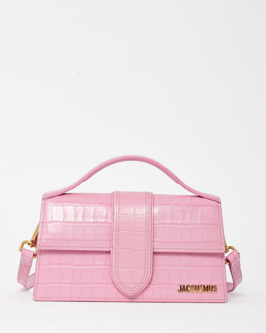 Jacquemus Pink Croc Embossed Leather Le Grand Bambino Bag with Strap