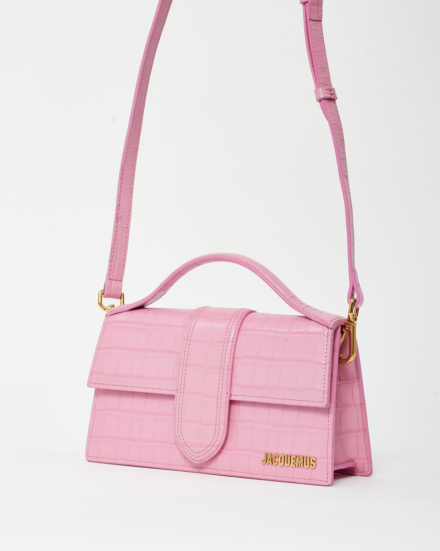 Jacquemus Pink Croc Embossed Leather Le Grand Bambino Bag with Strap