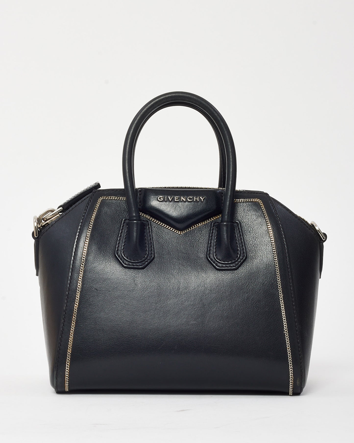 Givenchy Black Pebbled Leather Mini Chain Embellished Antigona Bag with Strap
