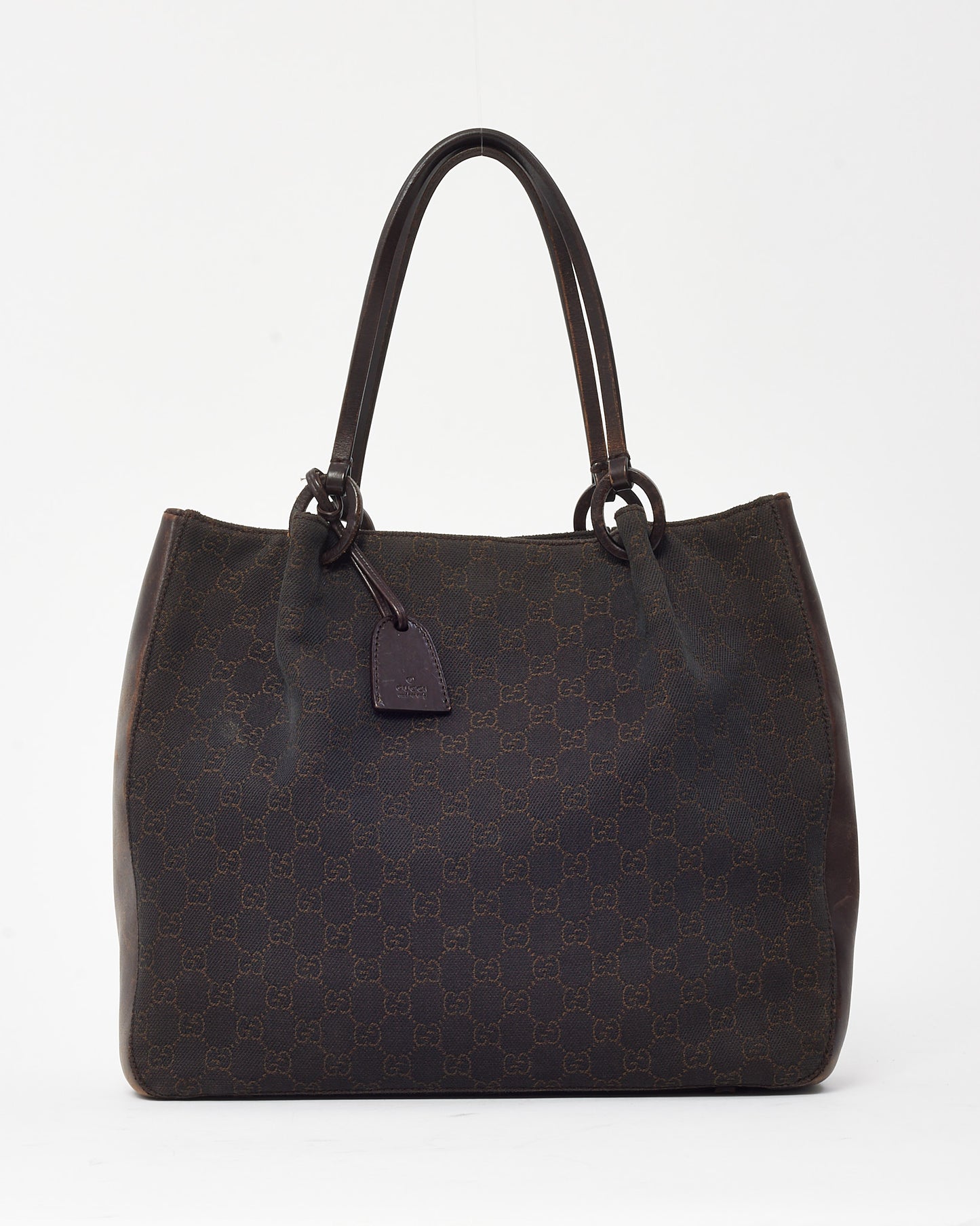 Gucci Dark Brown Leather and GG Monogram Canvas Tote Bag