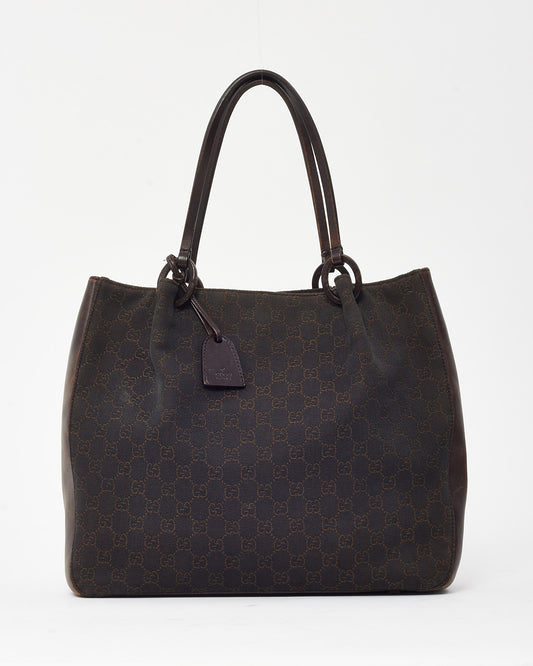 Gucci Dark Brown Leather and GG Monogram Canvas Tote Bag