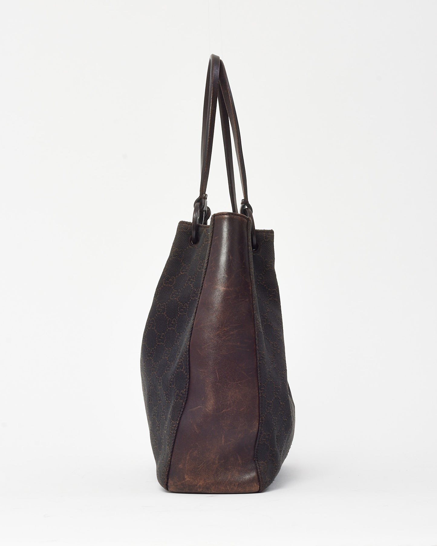 Gucci Dark Brown Leather and GG Monogram Canvas Tote Bag