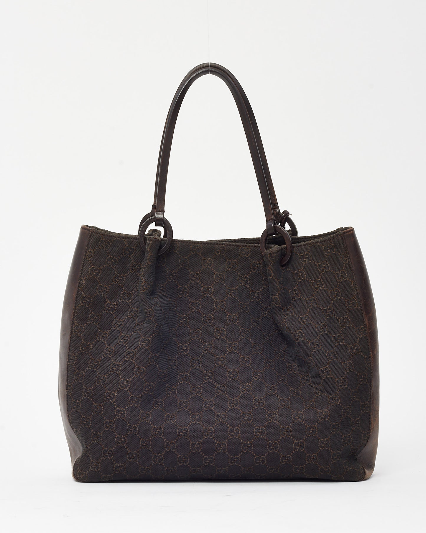 Gucci Dark Brown Leather and GG Monogram Canvas Tote Bag