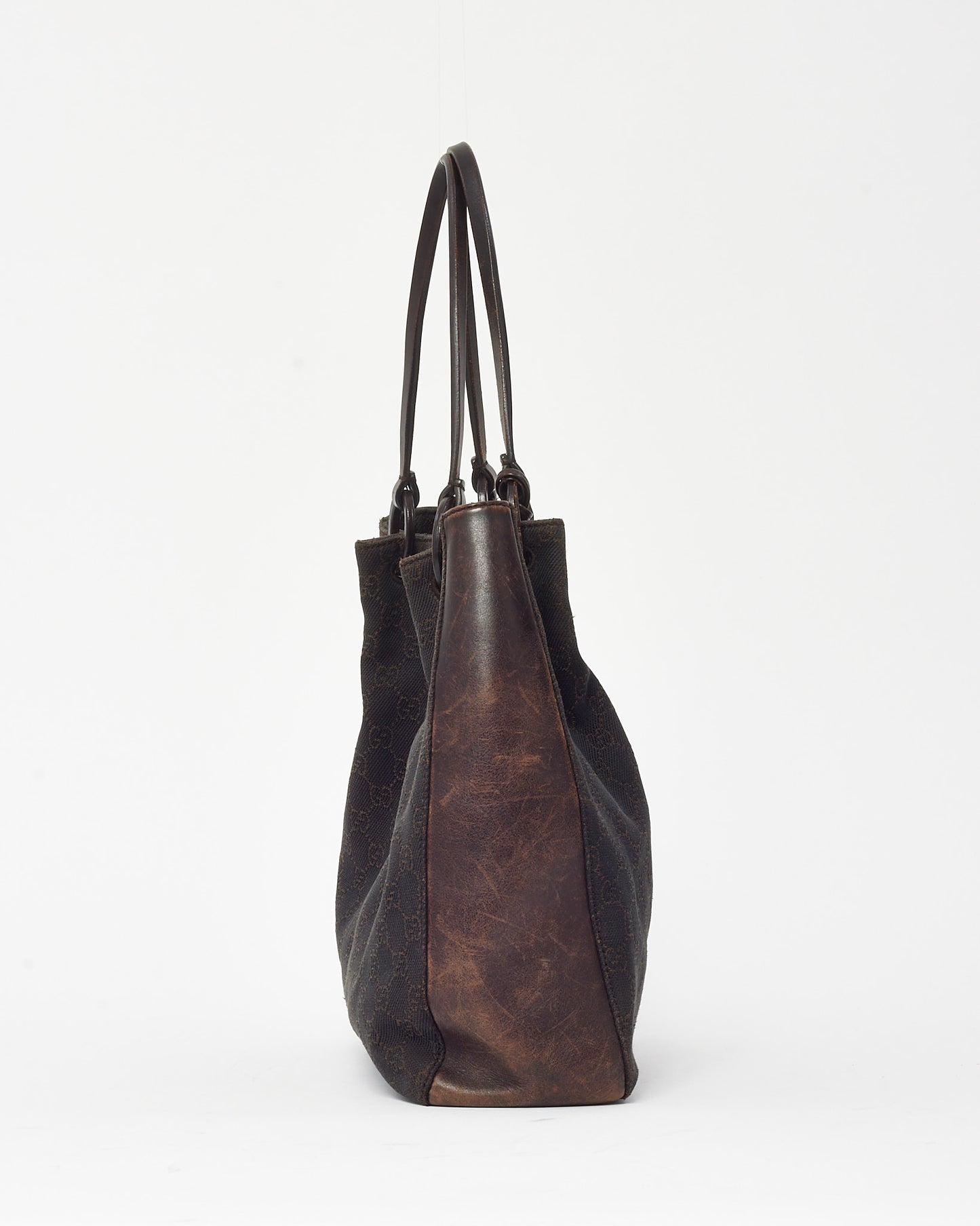 Gucci Dark Brown Leather and GG Monogram Canvas Tote Bag