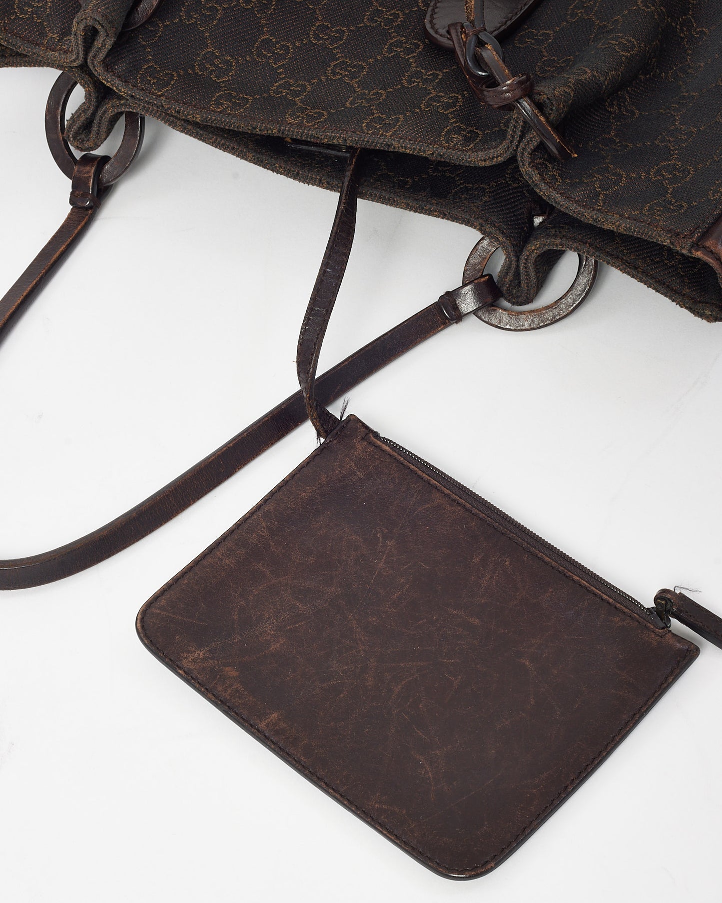 Gucci Dark Brown Leather and GG Monogram Canvas Tote Bag