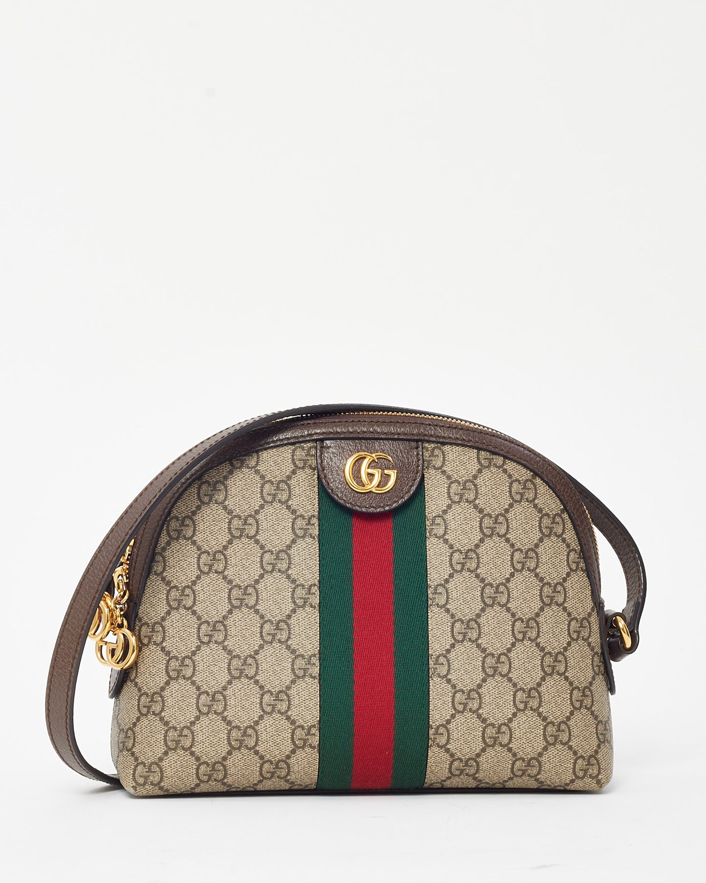 Gucci Brown Leather with Beige/Ebony Coated Canvas Ophidia Small Shoulder Bag