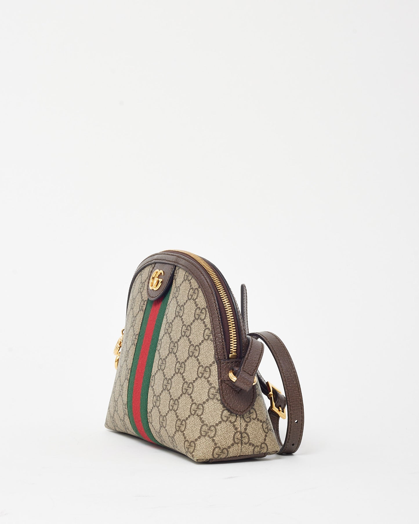 Gucci Brown Leather with Beige/Ebony Coated Canvas Ophidia Small Shoulder Bag