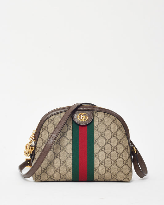 Gucci Brown Leather with Beige/Ebony Coated Canvas Ophidia Small Shoulder Bag