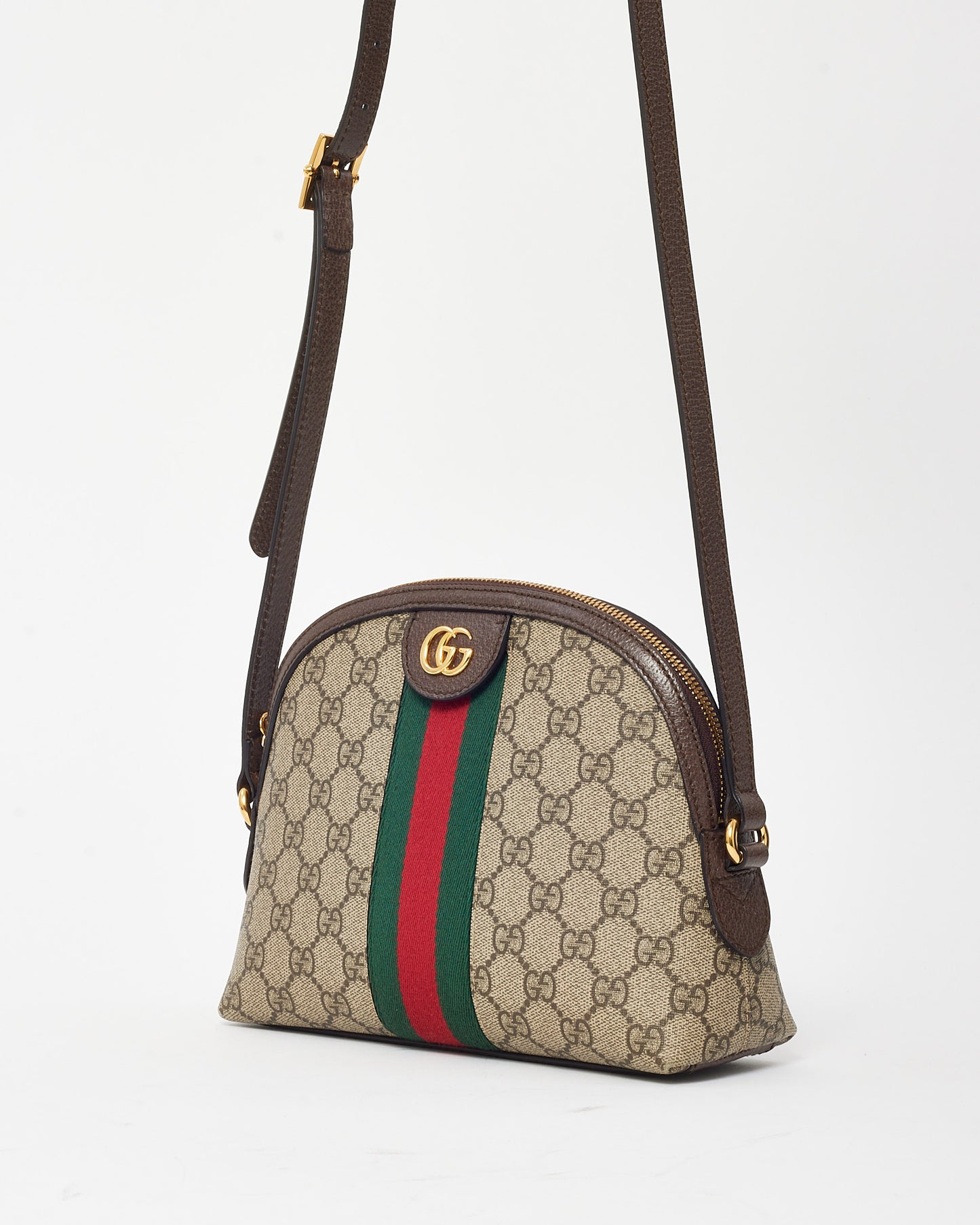 Gucci Brown Leather with Beige/Ebony Coated Canvas Ophidia Small Shoulder Bag