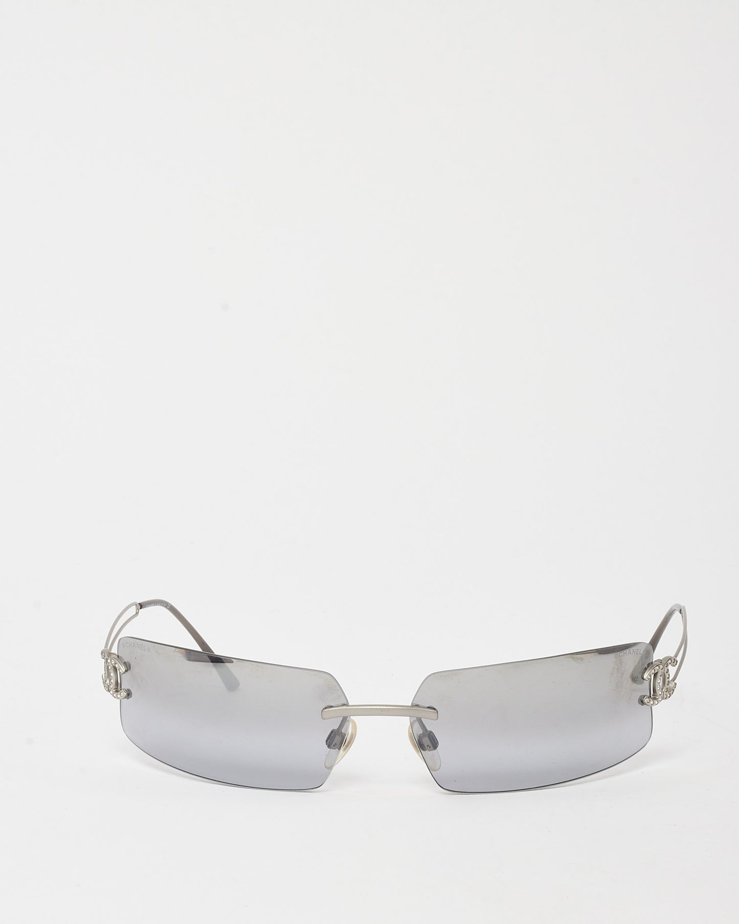 Chanel Vintage Silver Crystal CC 4051 C 103/61 Wrap Rimless Shield Sunglasses