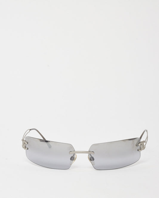 Chanel Vintage Silver Crystal CC 4051 C 103/61 Wrap Rimless Shield Sunglasses