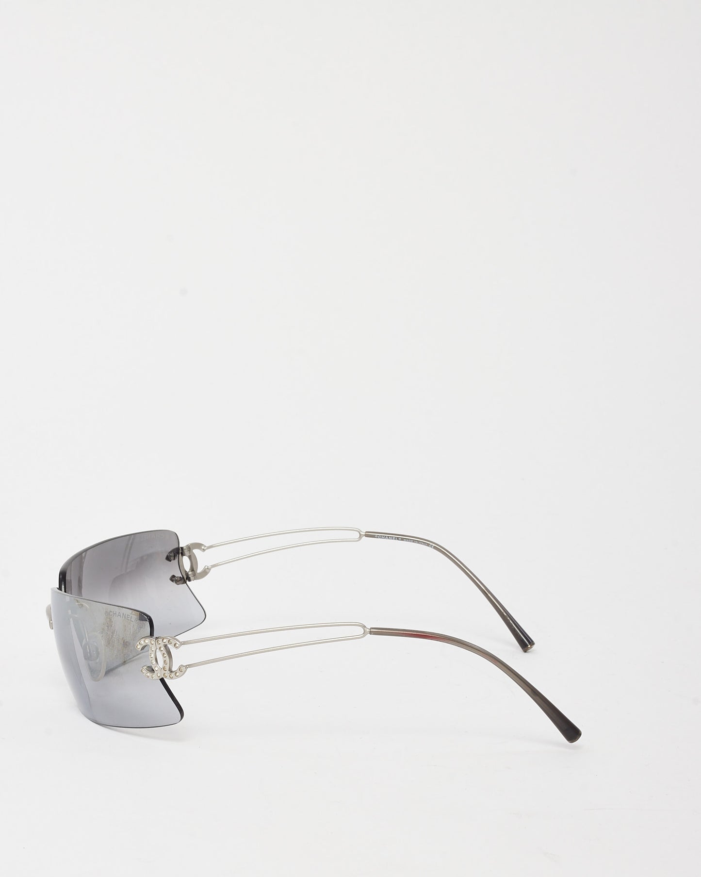 Chanel Vintage Silver Crystal CC 4051 C 103/61 Wrap Rimless Shield Sunglasses