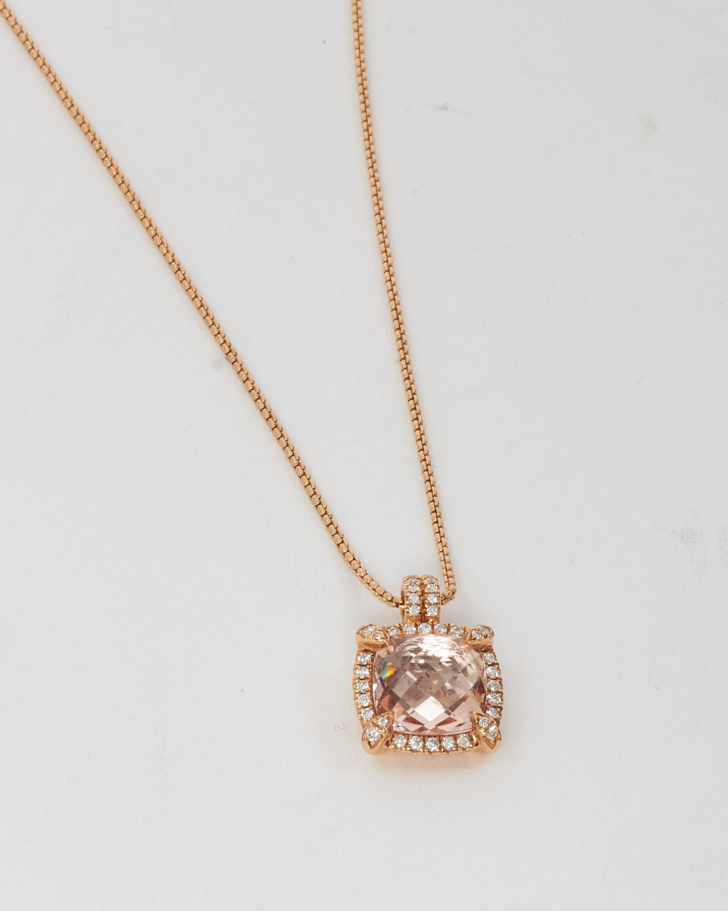 David Yurman 18K Rose Gold with Morganite and Diamonds Chatelaine Pavé Bezel Pendant Necklace 9mm
