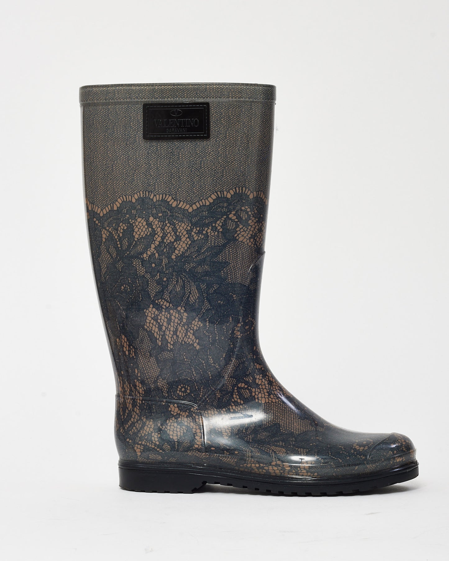 Valentino Black Lace Print Rubber Rain Boots - 38