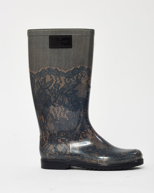 Valentino Black Lace Print Rubber Rain Boots - 38