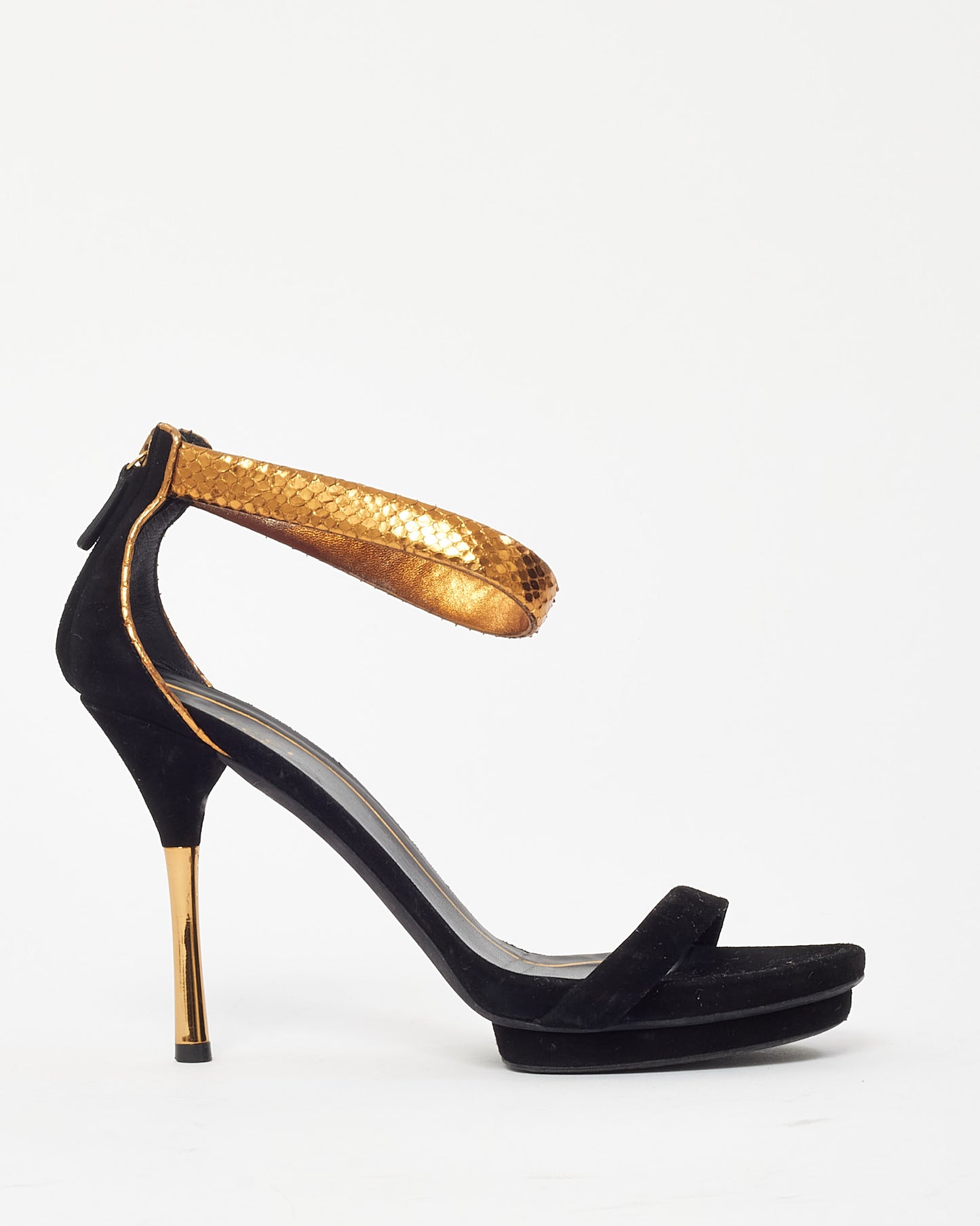 Gucci Black Suede Leather and Gold Python Ankle Strap Sandals - 38.5
