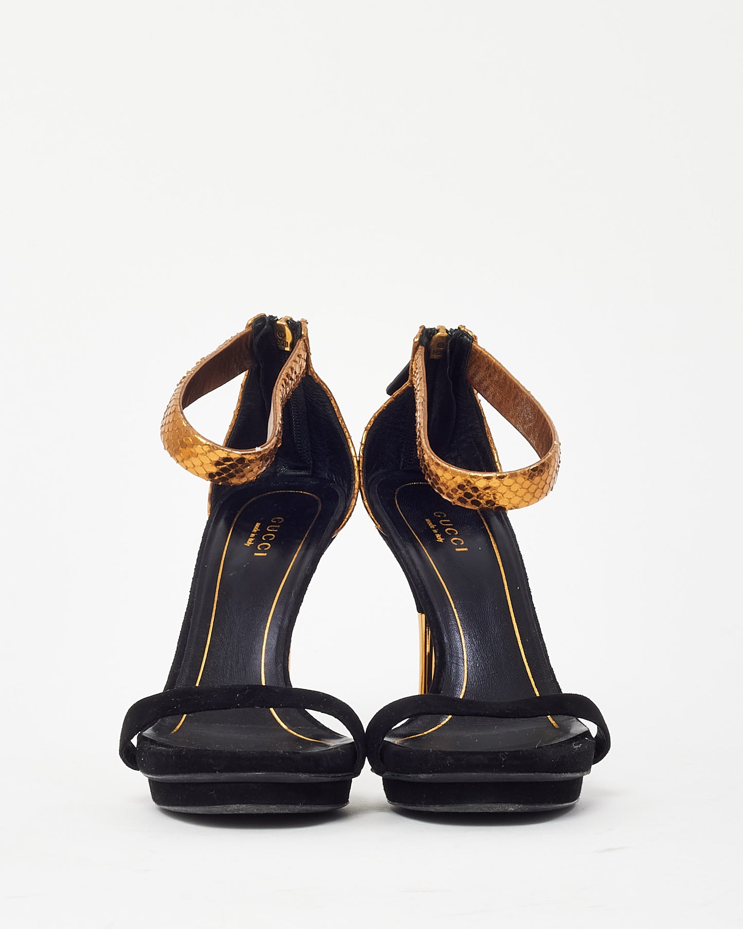 Gucci Black Suede Leather and Gold Python Ankle Strap Sandals - 38.5