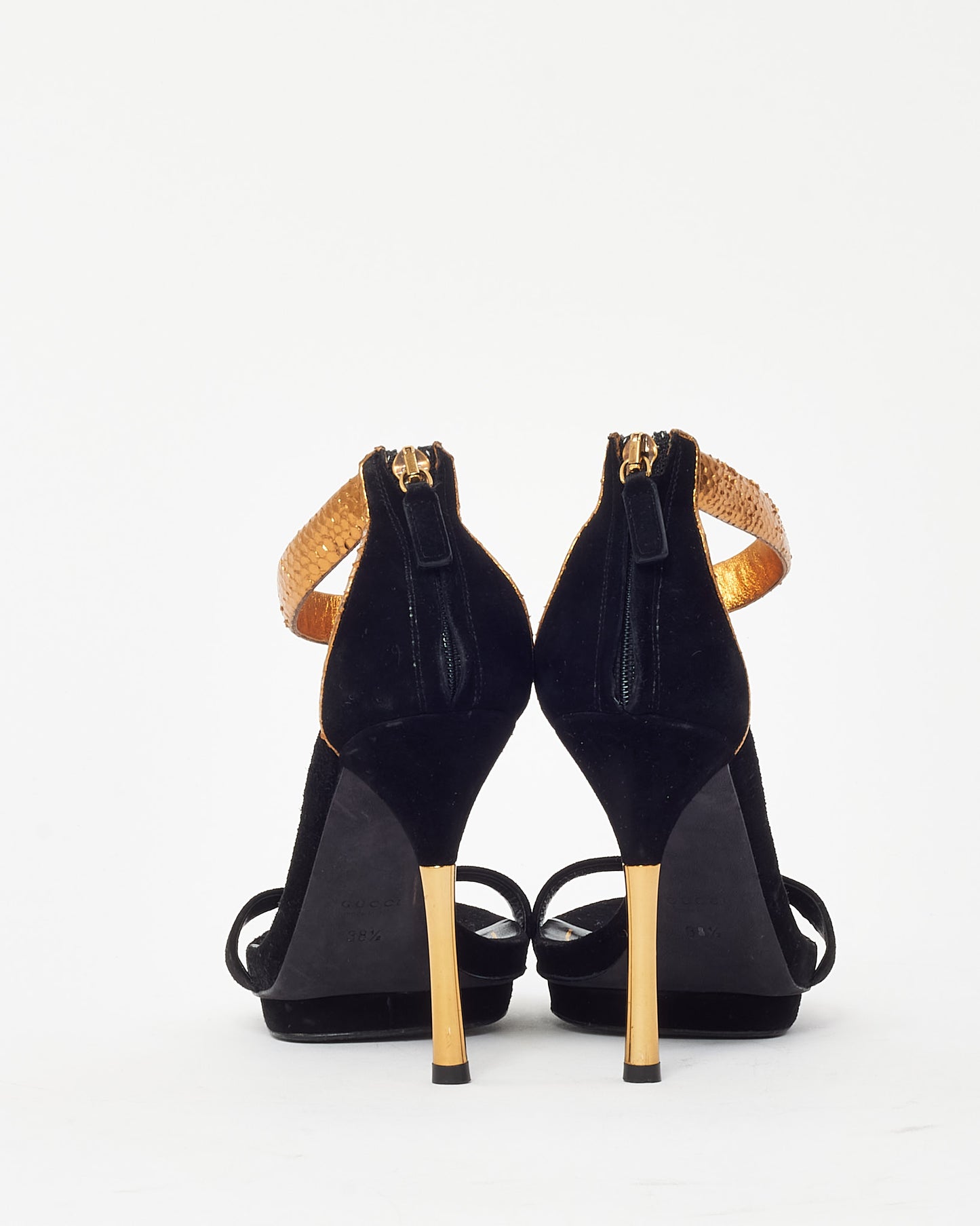 Gucci Black Suede Leather and Gold Python Ankle Strap Sandals - 38.5