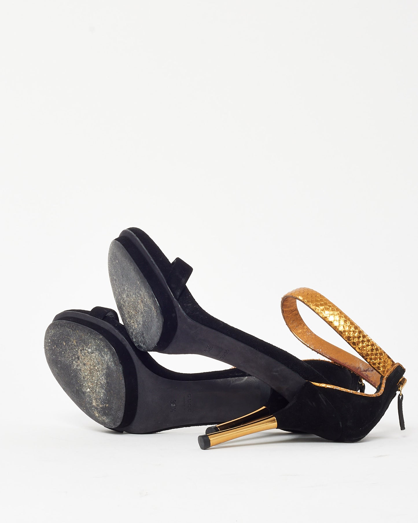 Gucci Black Suede Leather and Gold Python Ankle Strap Sandals - 38.5