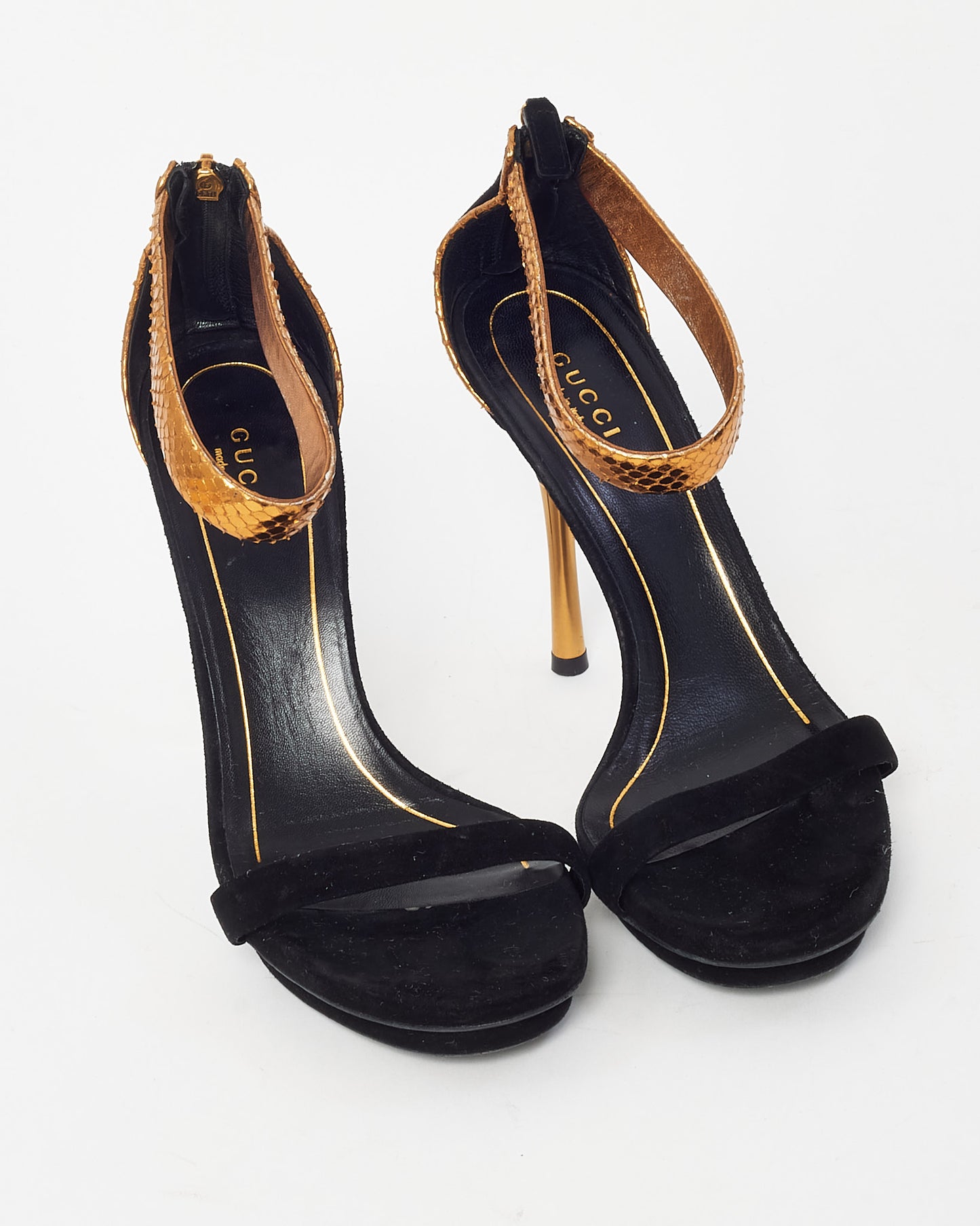 Gucci Black Suede Leather and Gold Python Ankle Strap Sandals - 38.5