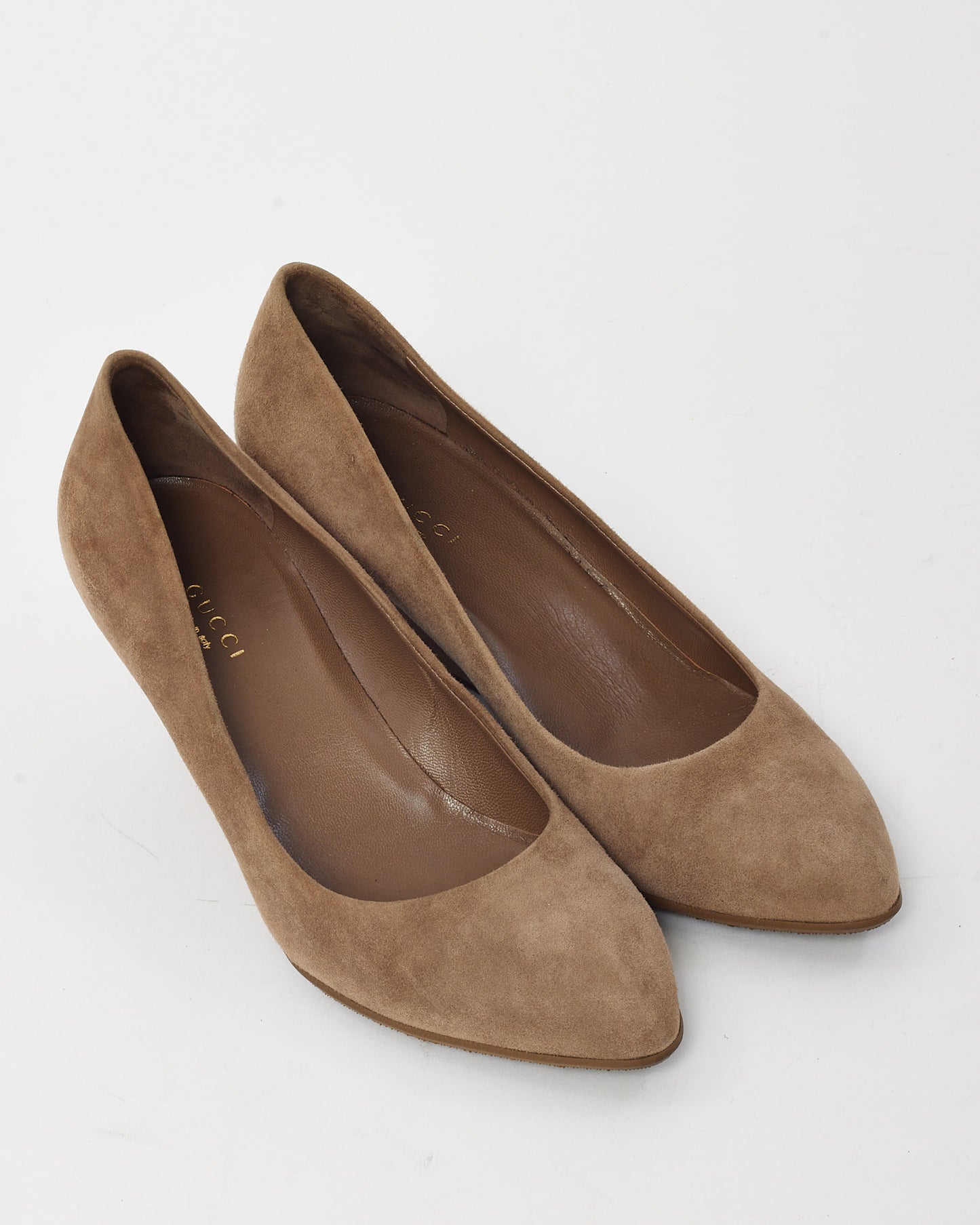 Gucci Light Brown Suede Leather Logo Wedge Pumps - 38