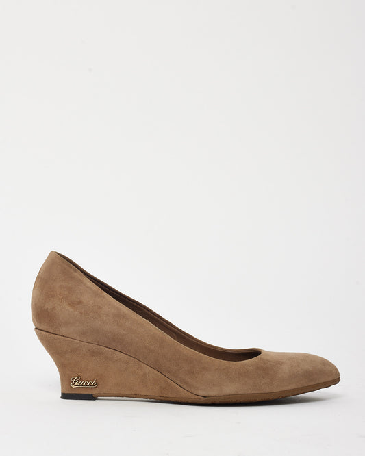Gucci Light Brown Suede Leather Logo Wedge Pumps - 38