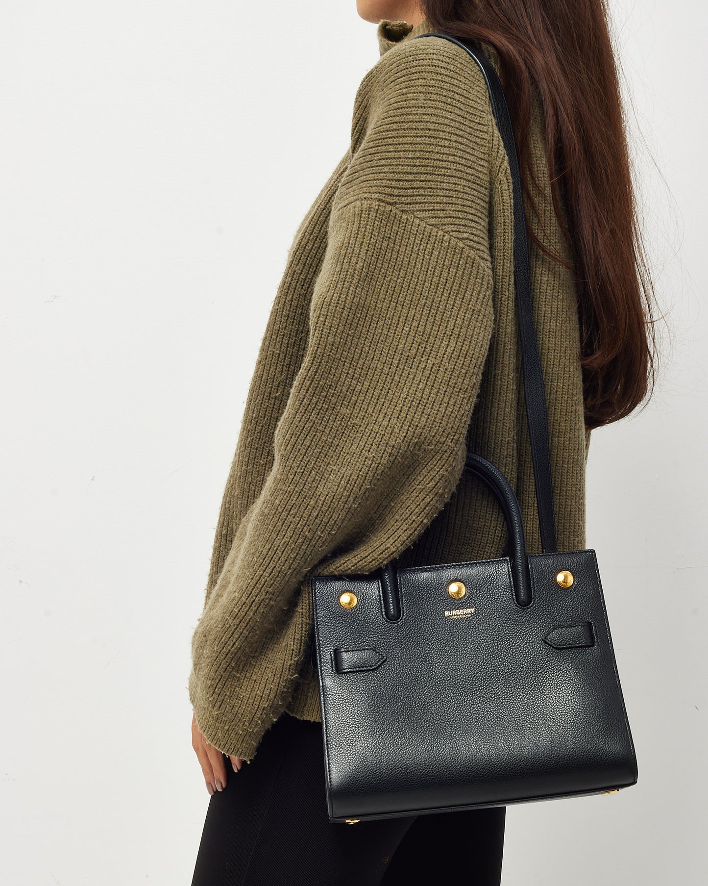 Burberry Black Grained Calfskin Leather Mini Title Tote with Strap