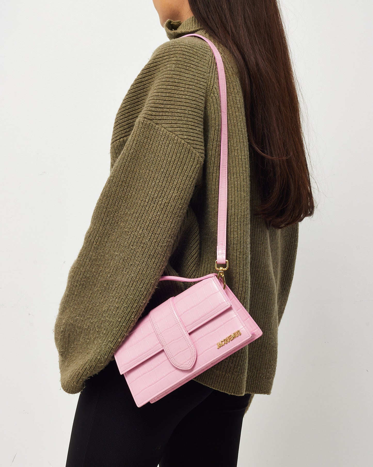 Jacquemus Pink Croc Embossed Leather Le Grand Bambino Bag with Strap