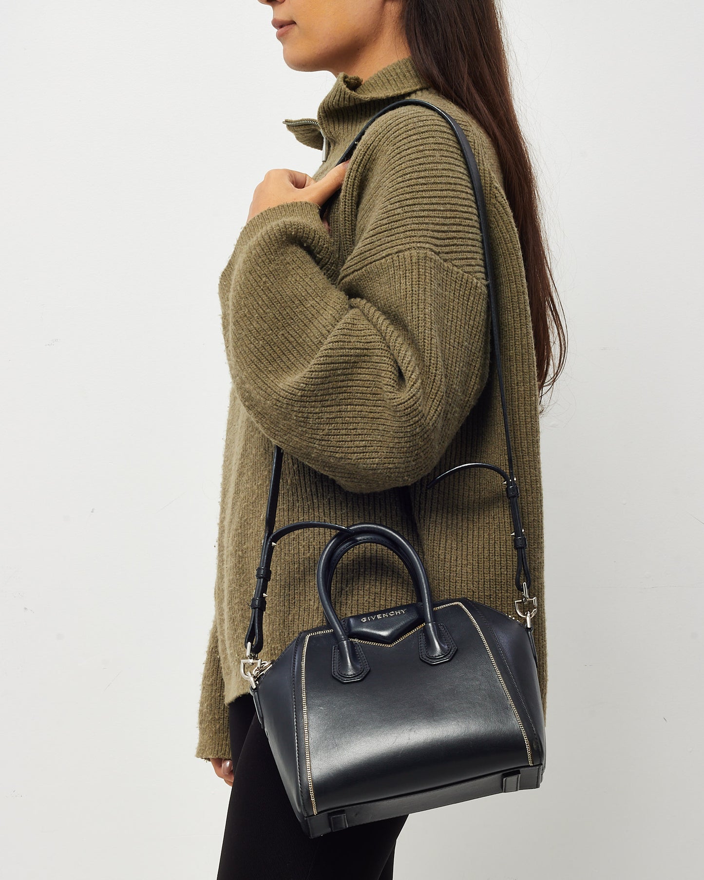 Givenchy Black Pebbled Leather Mini Chain Embellished Antigona Bag with Strap