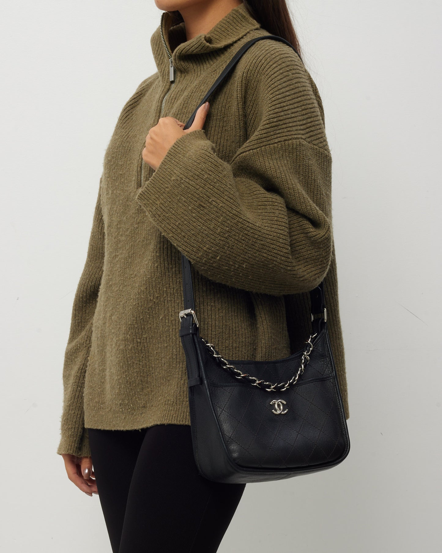 Chanel Black Calfskin Quilted Leather Small Jungle Stroll Hobo Chain Shoulder Bag SHW