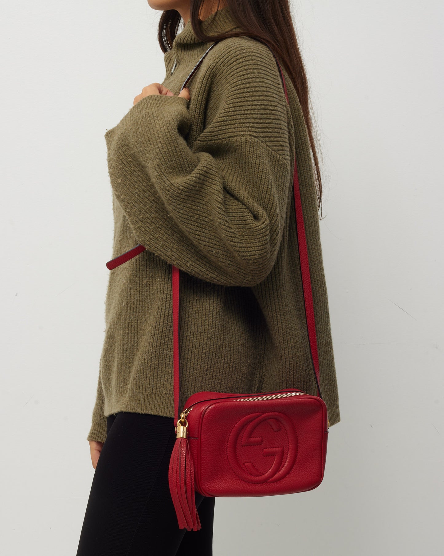 Gucci Red Pebbled Calfskin Leather GG Soho Disco Crossbody Bag