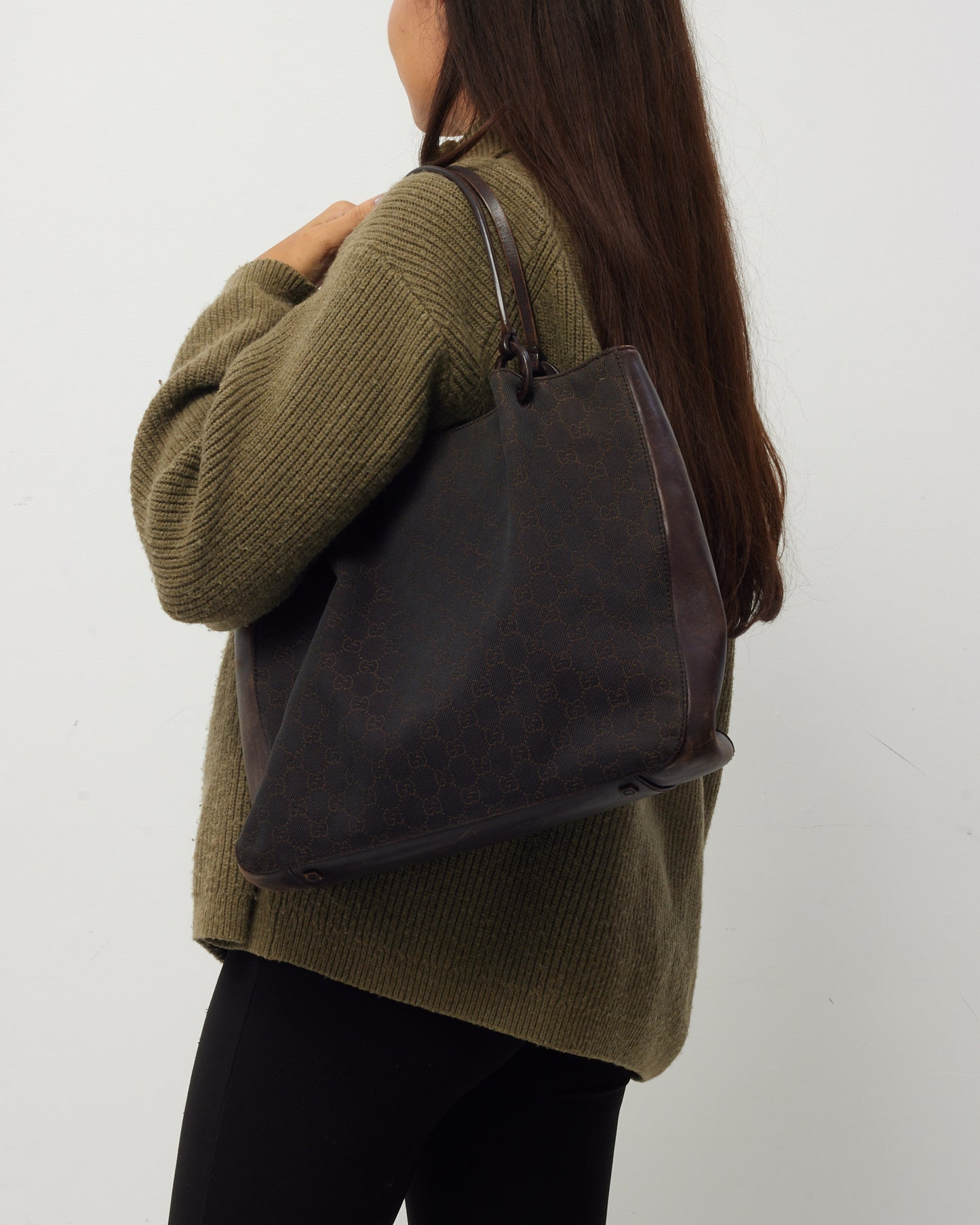 Gucci Dark Brown Leather and GG Monogram Canvas Tote Bag