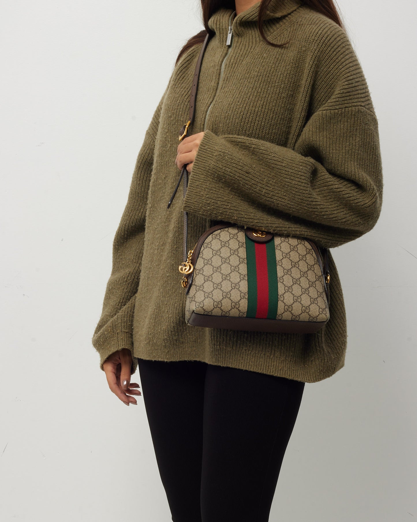 Gucci Brown Leather with Beige/Ebony Coated Canvas Ophidia Small Shoulder Bag