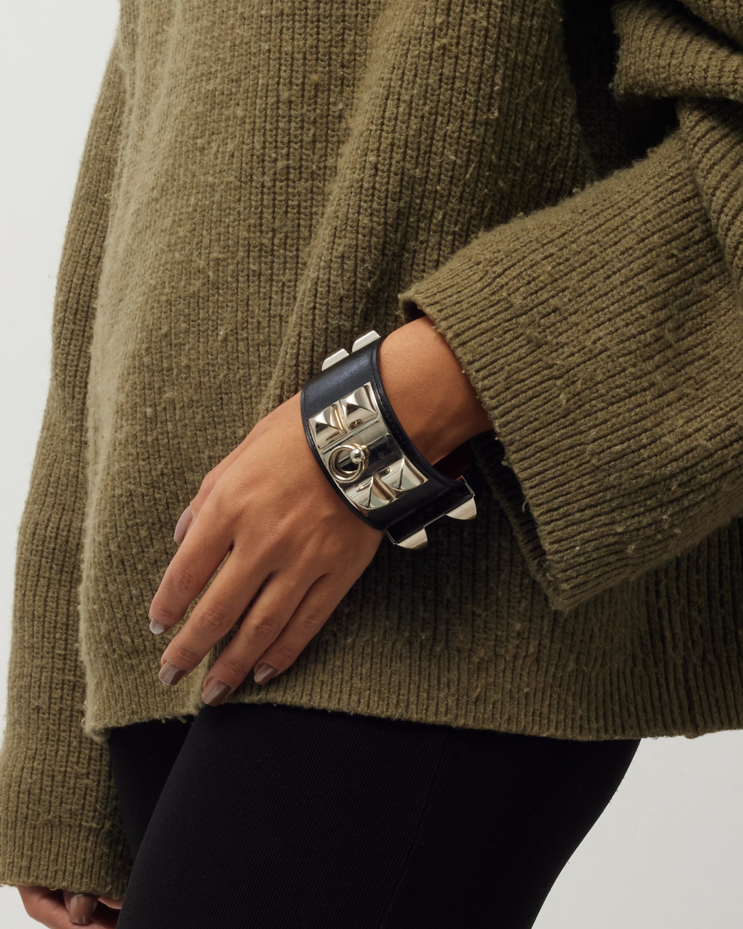 Hermès Black Leather SHW CDC Collier de Chien Bracelet - L