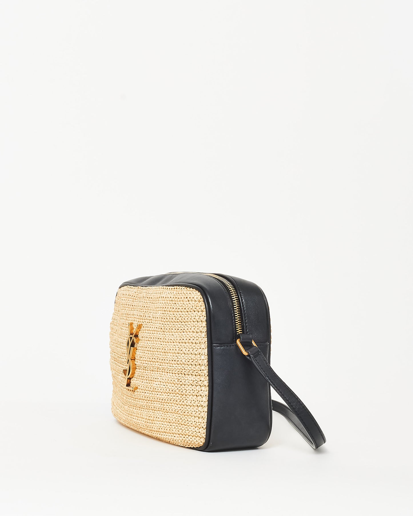 Saint Laurent Beige Raffia & Black Leather GHW Lou Camera Bag