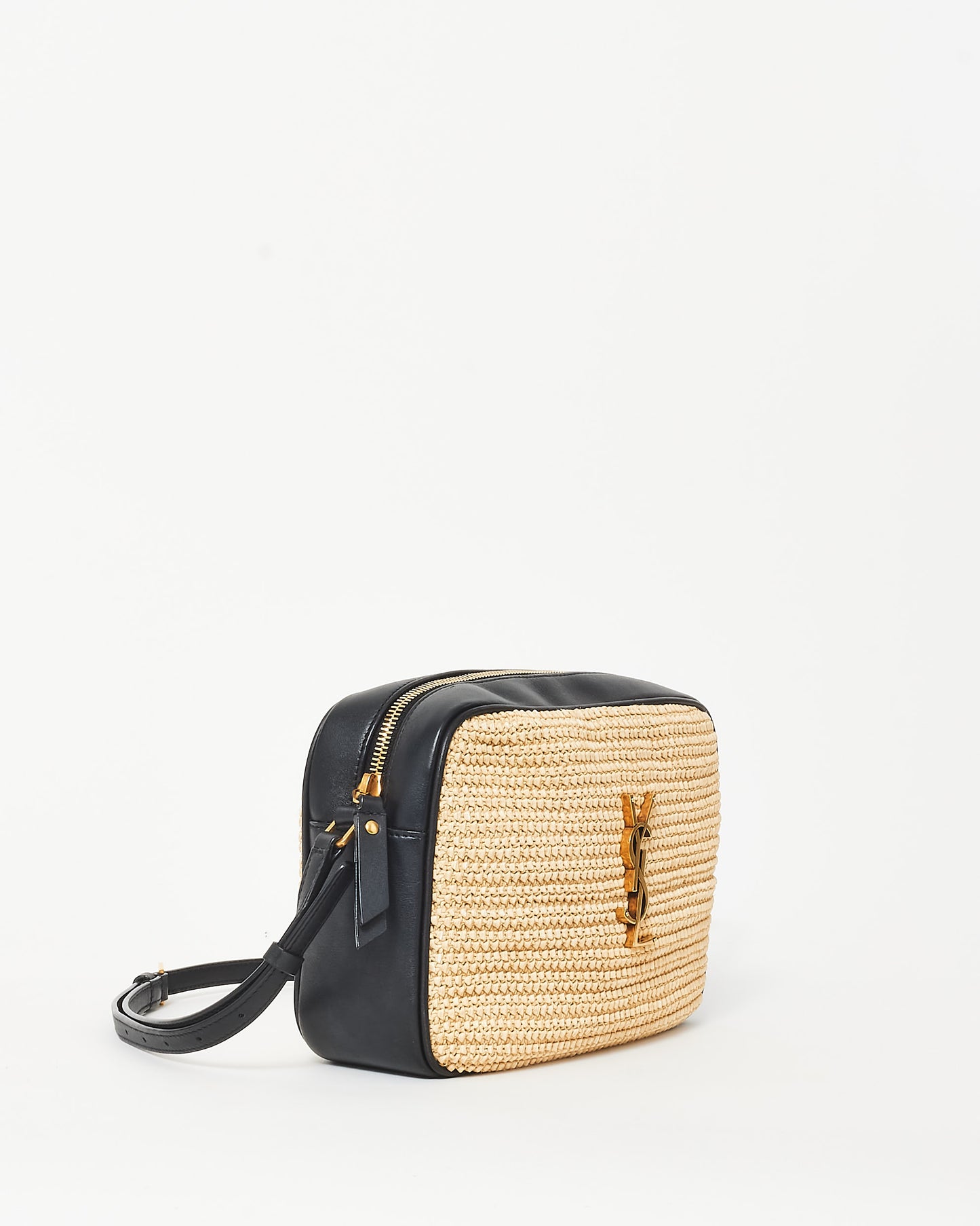 Saint Laurent Beige Raffia & Black Leather GHW Lou Camera Bag