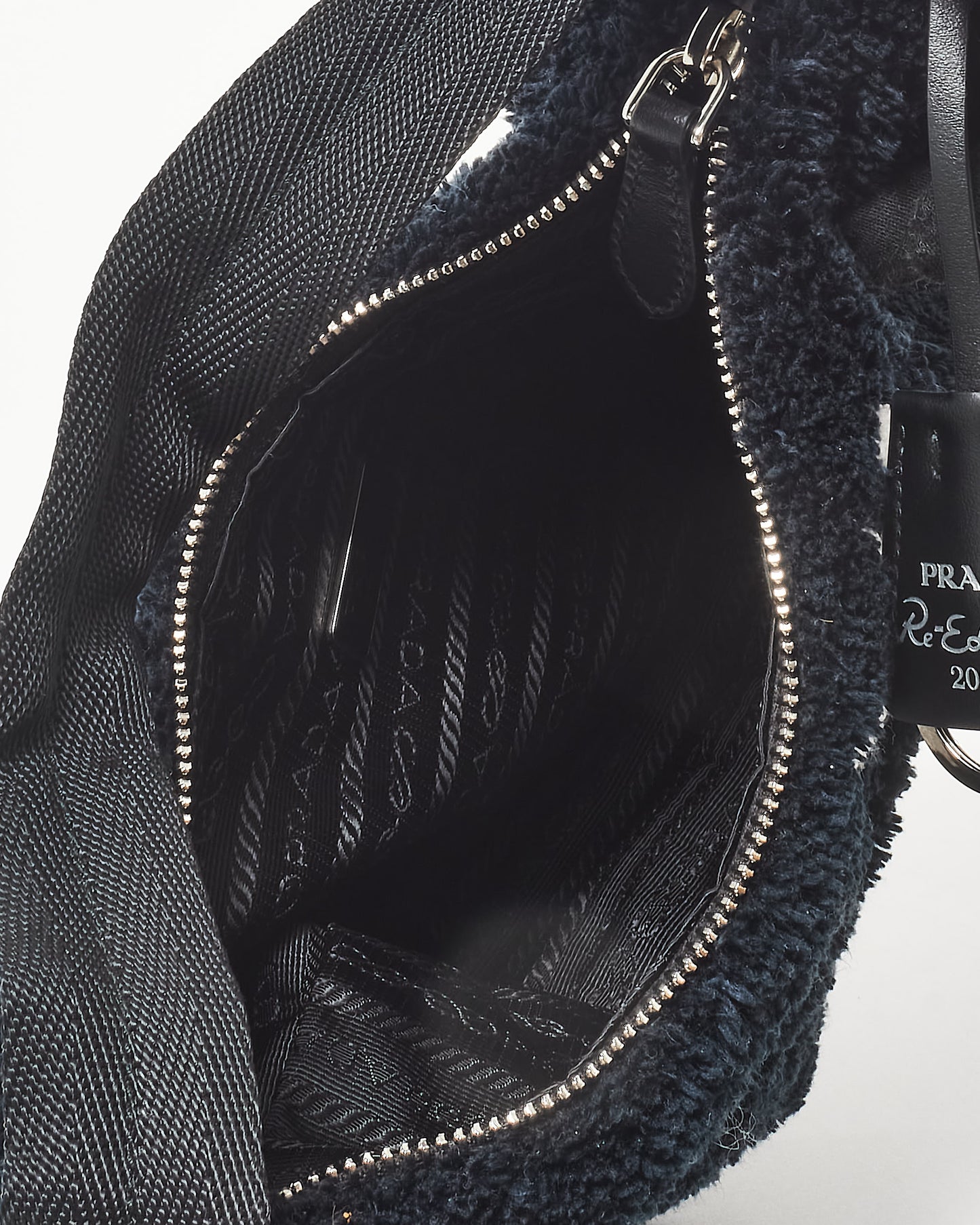 Prada Black Shearling & White Logo 2000 Re Edition Shoulder Bag