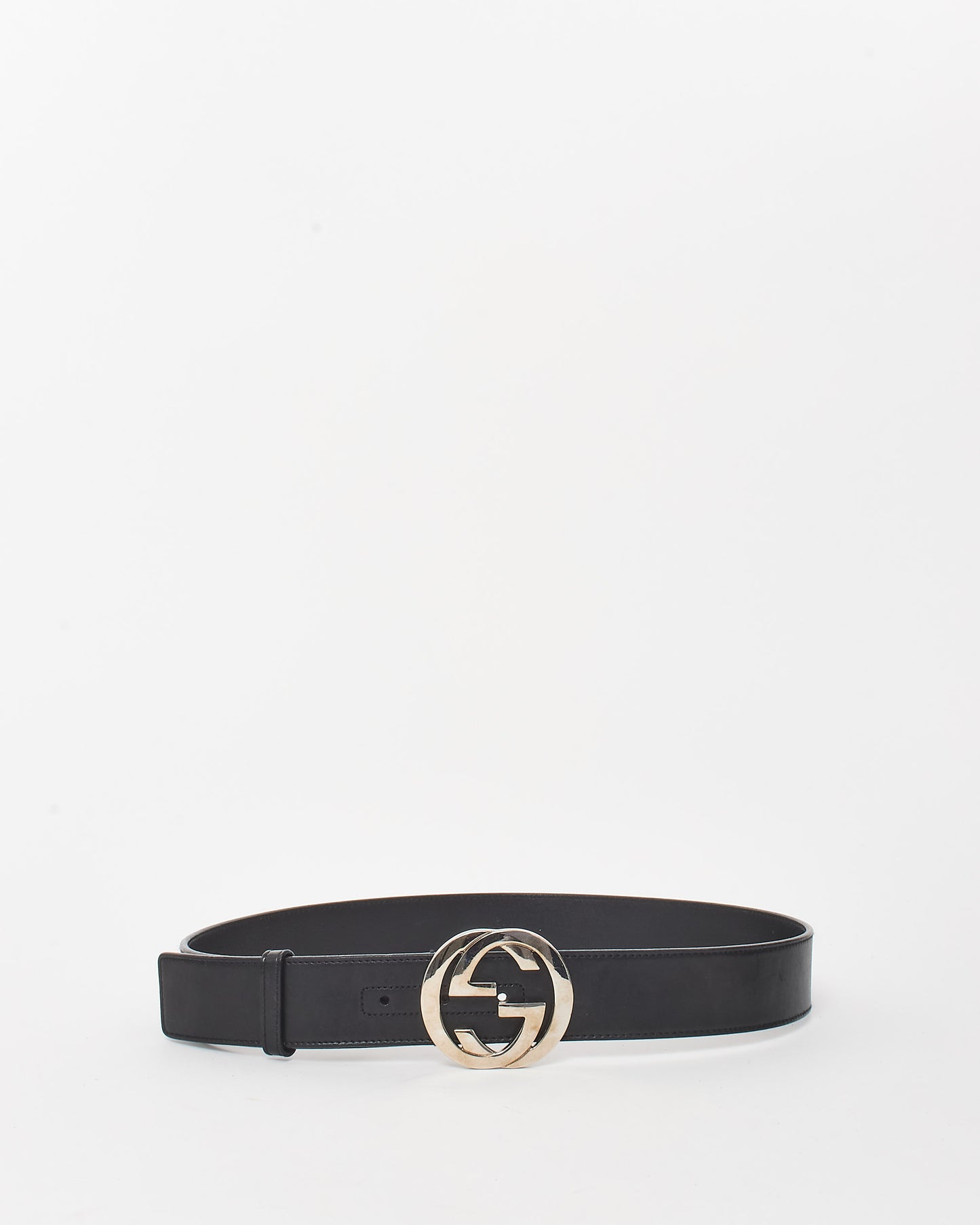 Gucci Black Smooth Leather Silver Interlocking GG Belt -  90/36