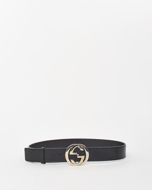 Gucci Black Smooth Leather Silver Interlocking GG Belt -  90/36