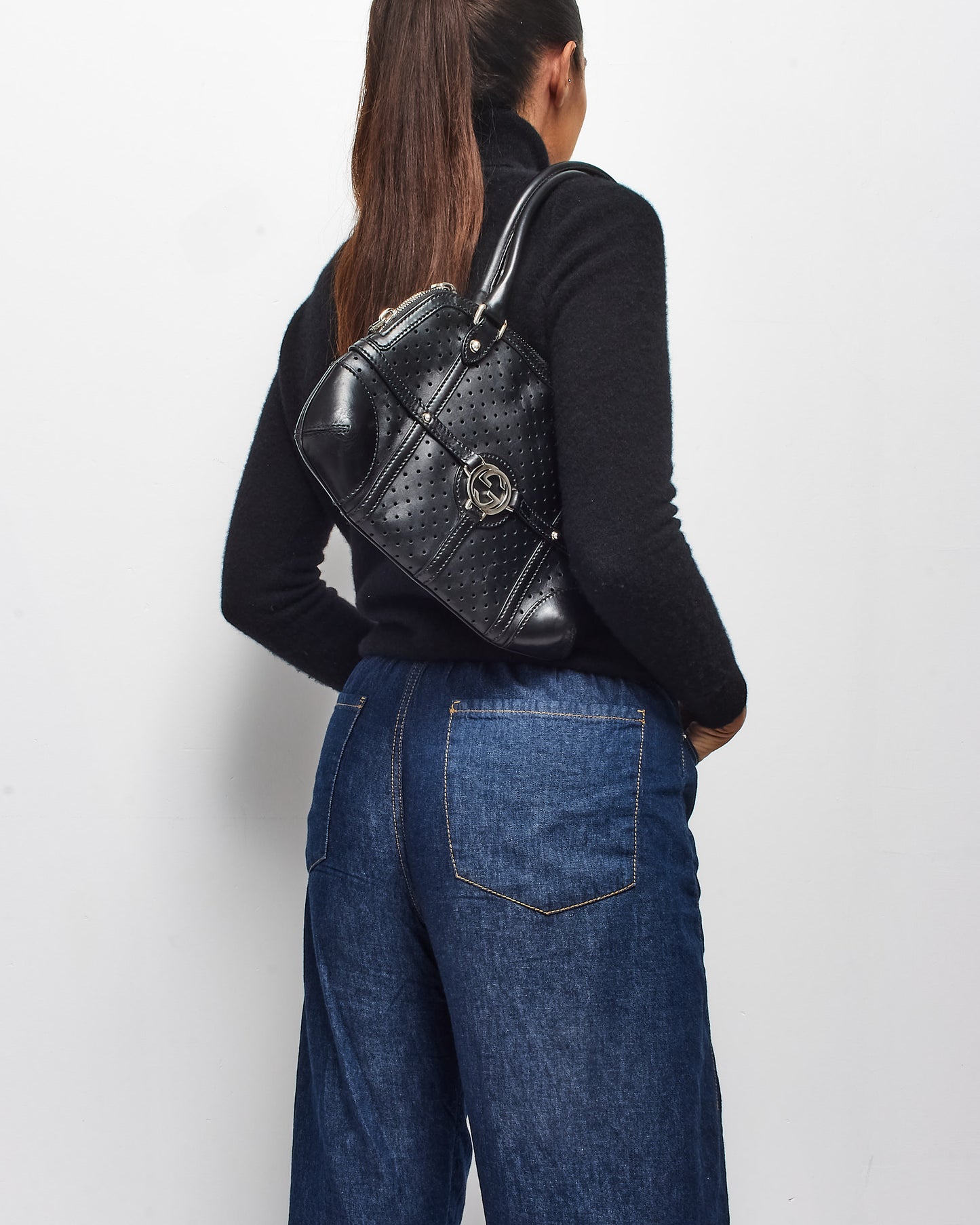 Gucci Vintage Black Perforated Leather Interlocking GG Reins Shoulder Bag