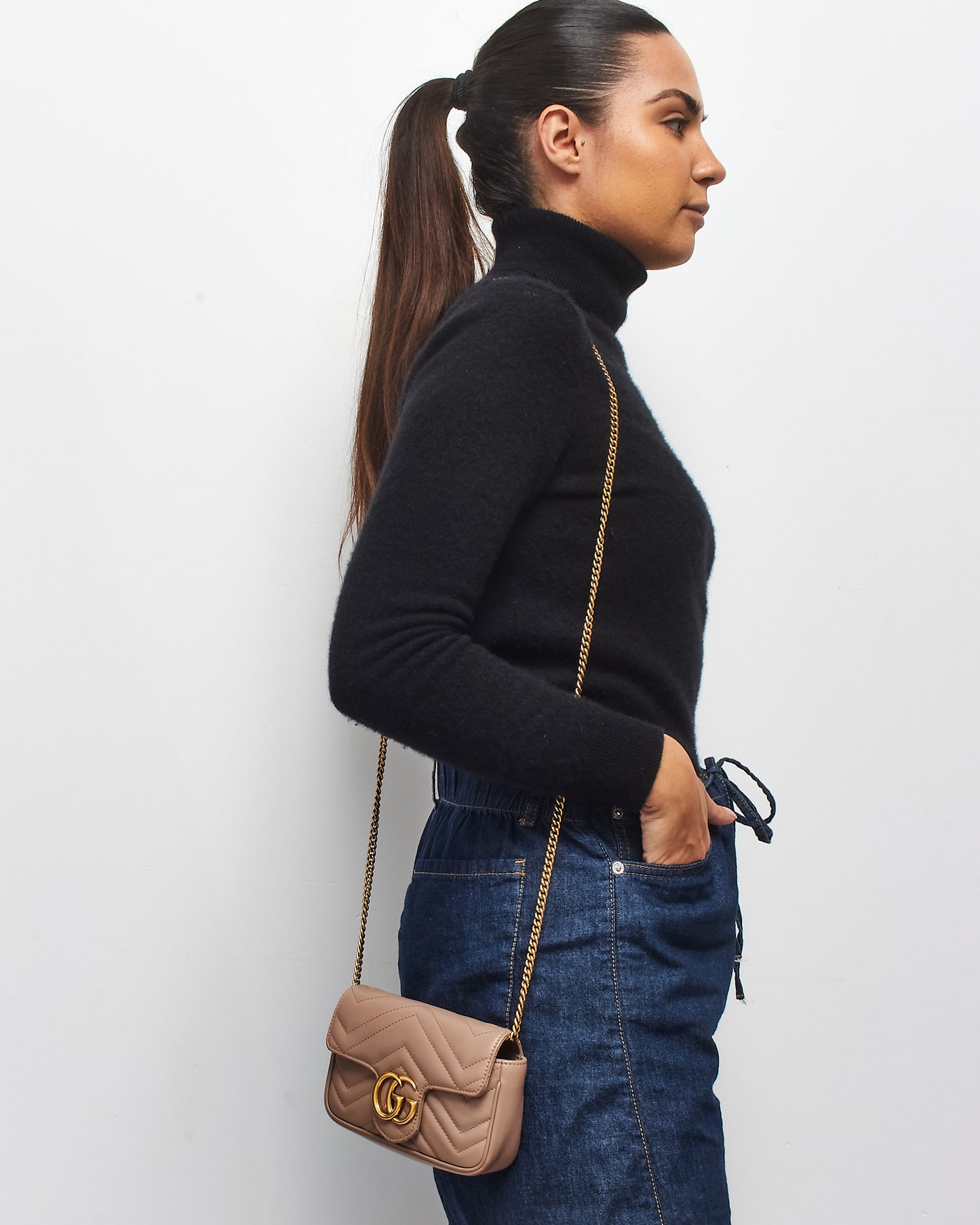 Gucci Dusty Rose Leather GG Marmont Super Mini Crossbody Bag