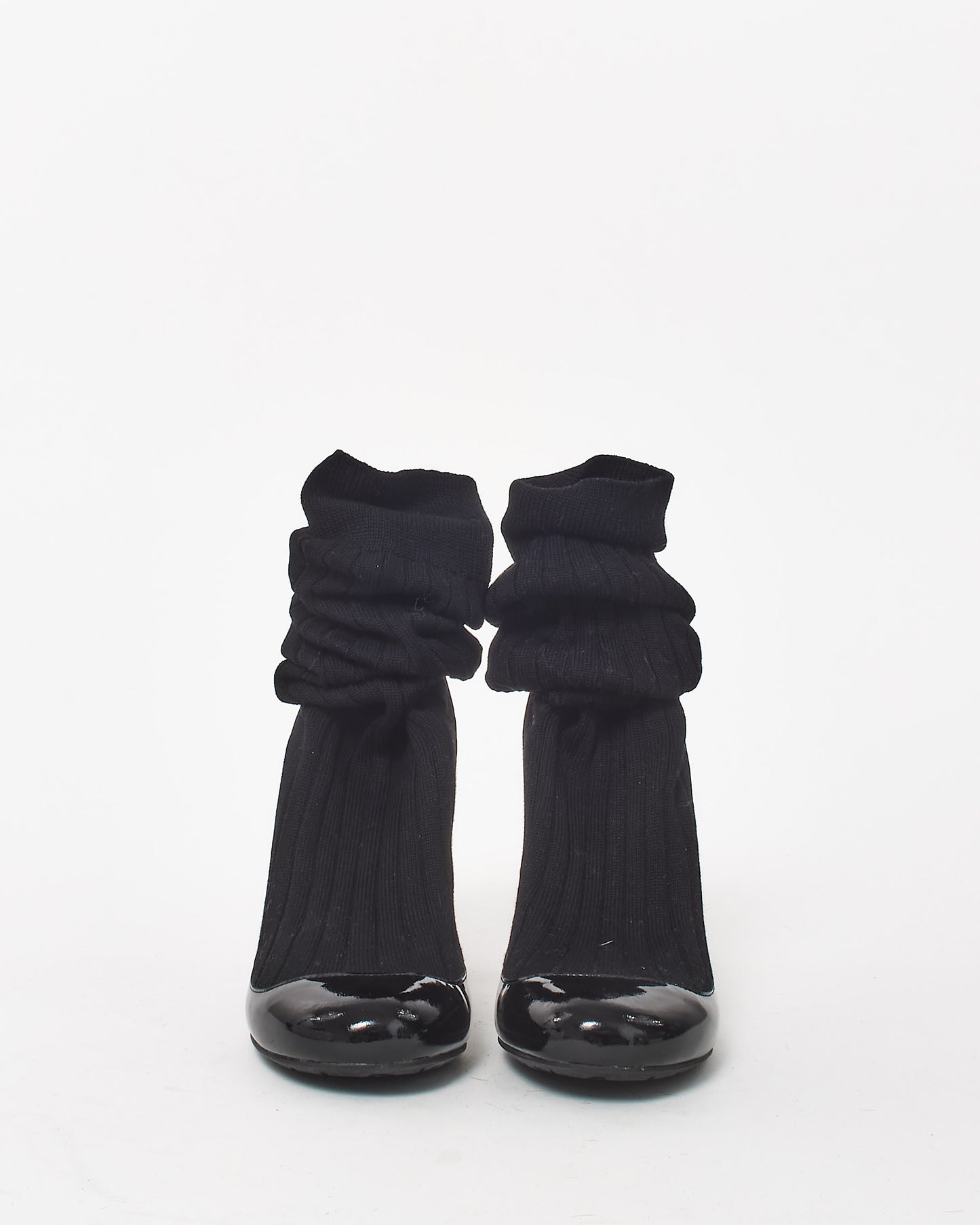 Chanel Black Knit Sock & Patent Leather Stiletto Boots - 35