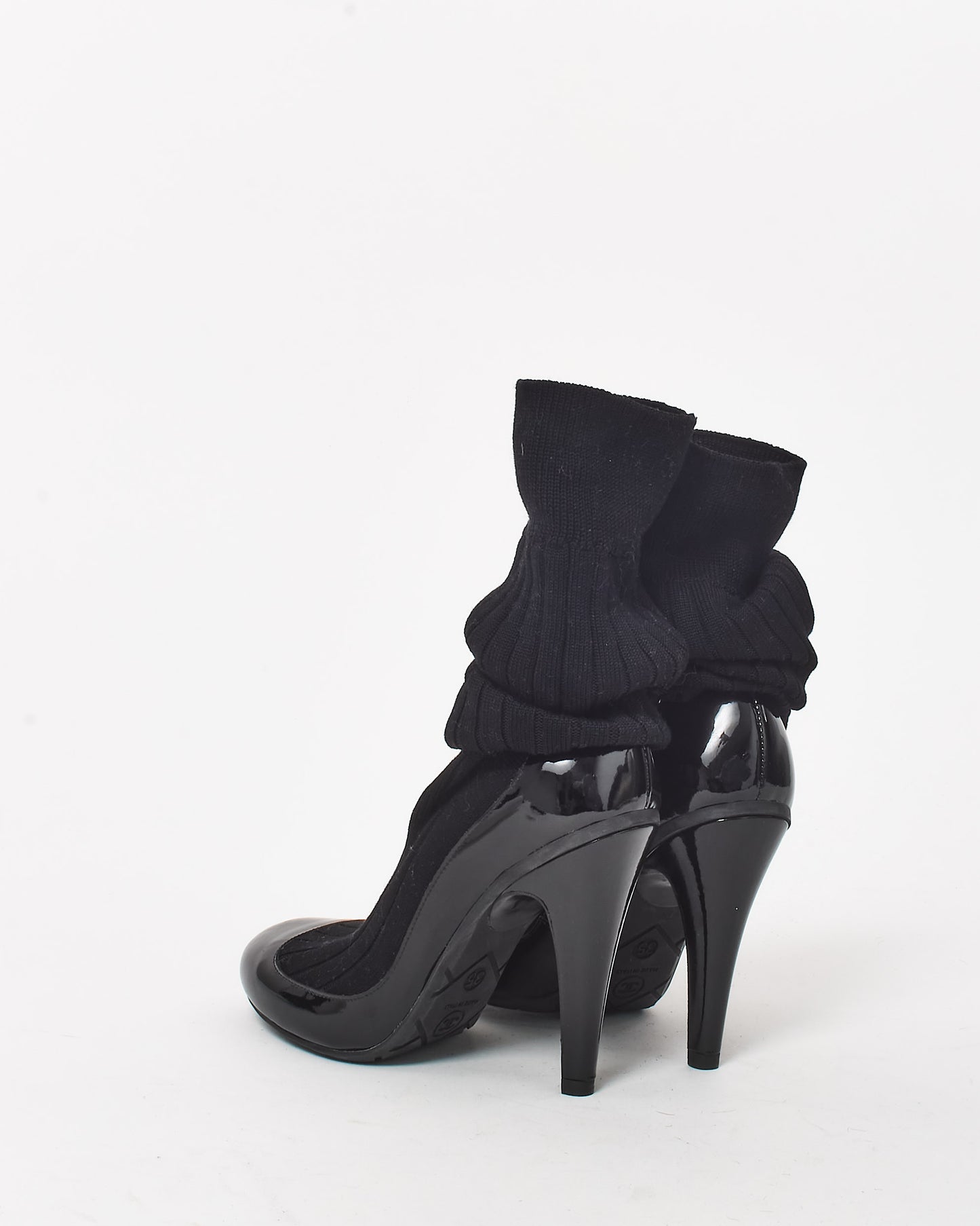 Chanel Black Knit Sock & Patent Leather Stiletto Boots - 35