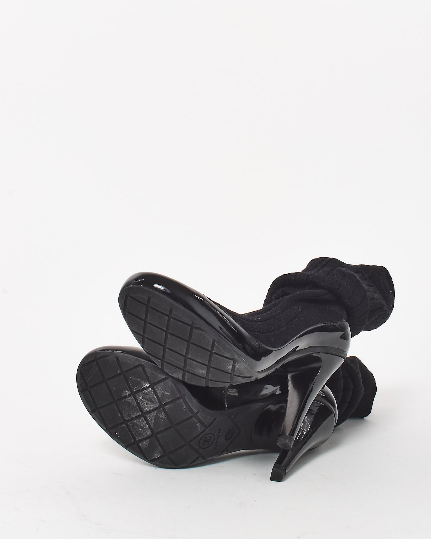 Chanel Black Knit Sock & Patent Leather Stiletto Boots - 35