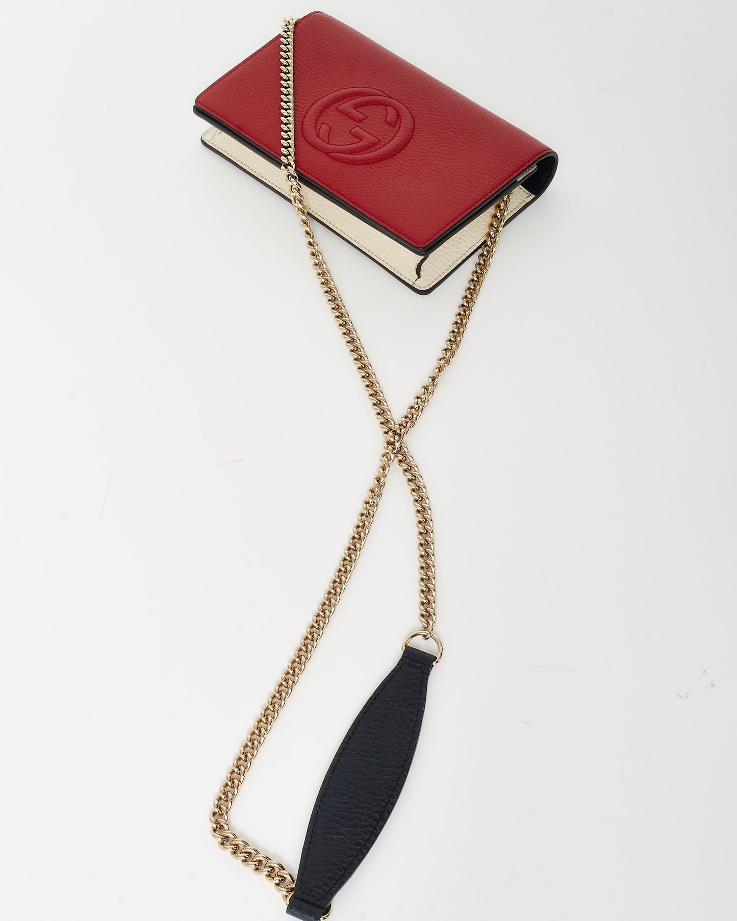 Gucci GG Red White & Dark Navy Blue Embossed Soho Logo Wallet On Chain