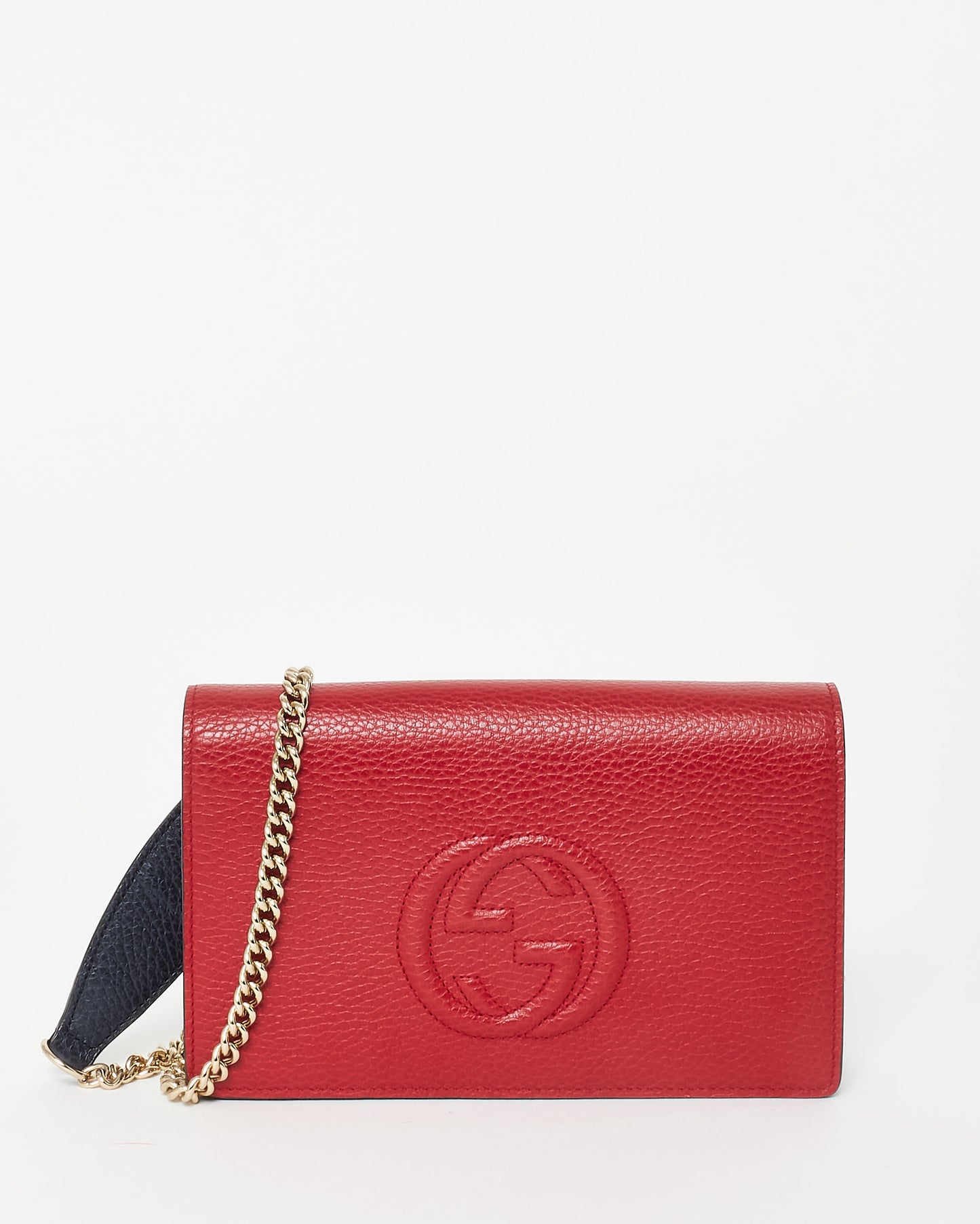 Gucci GG Red White & Dark Navy Blue Embossed Soho Logo Wallet On Chain