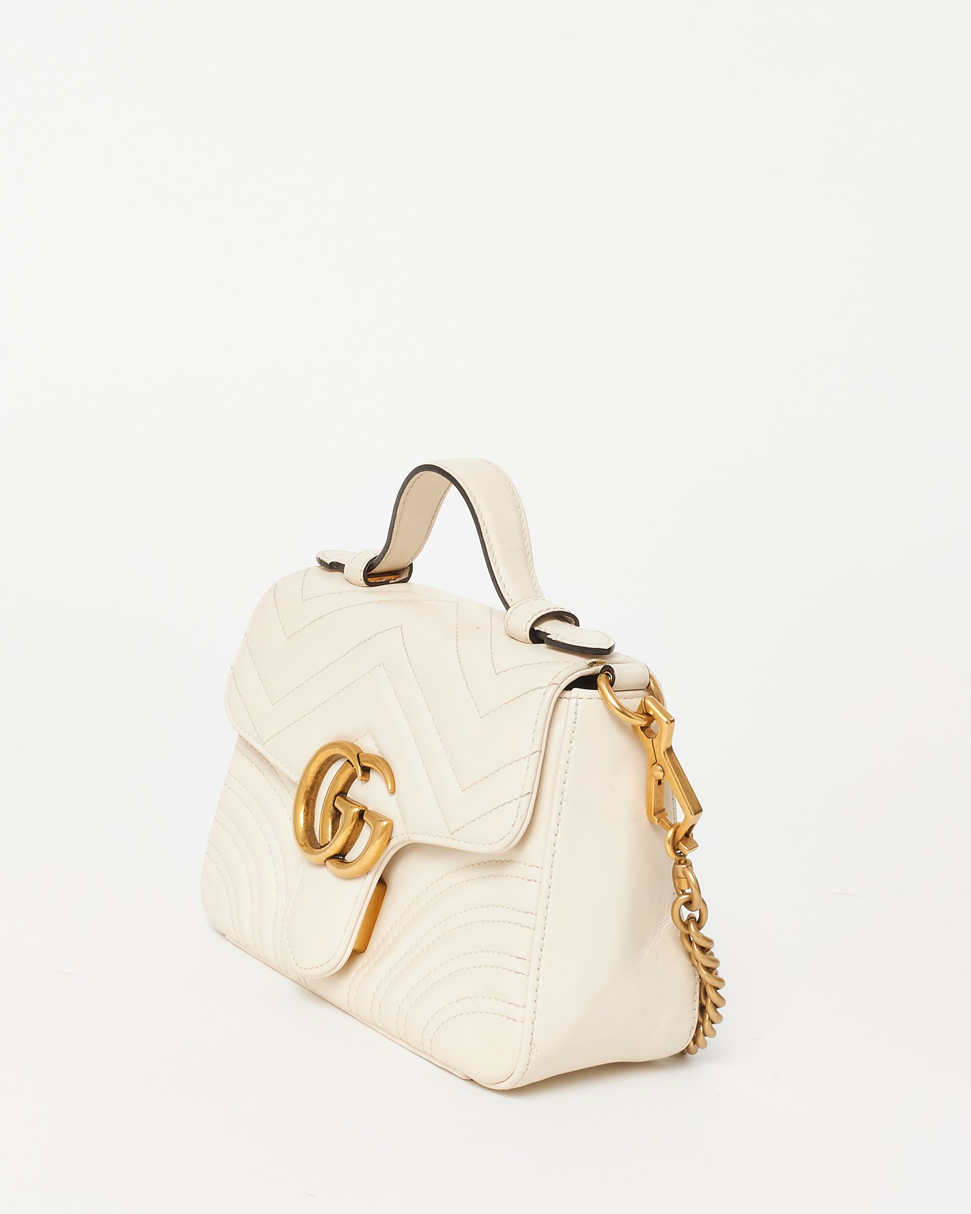 Buy Gucci White Chevron Leather GG Marmont Top Handle Bag